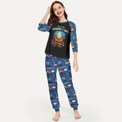 Husband And Wife Camping Aap Pajama Set |Sleepwear Pjs Sets | Raglan Shirt Pants Set