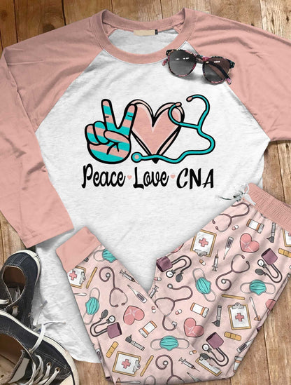 Cna Peace Love Cna Aau Pajama Set |Sleepwear Pjs Sets | Raglan Shirt Pants Set
