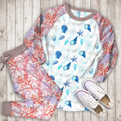 Coral Coastal Pajama Set | Pajamas | Cotton Sleepwear Sets | Soft Long Sleeve Pjs | Raglan Shirt and Pants Set