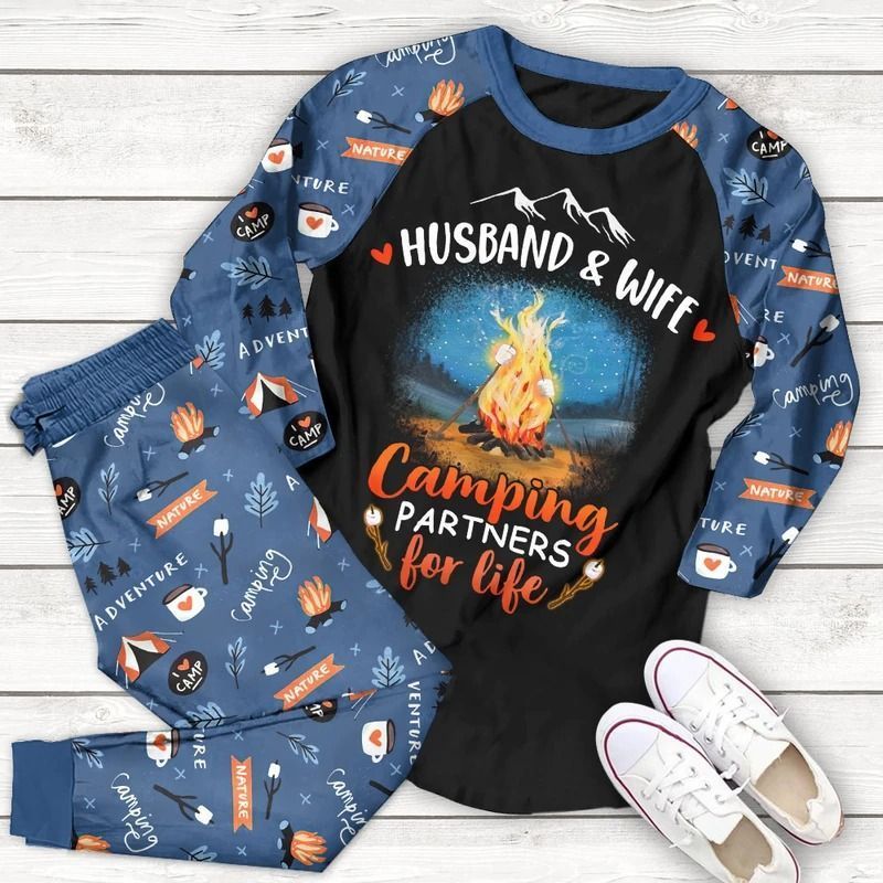 Husband And Wife Camping Aap Pajama Set |Sleepwear Pjs Sets | Raglan Shirt Pants Set