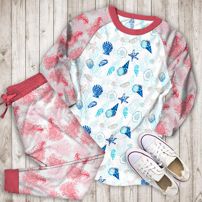 Coral Coastal Pajama Set | Pajamas | Cotton Sleepwear Sets | Soft Long Sleeve Pjs | Raglan Shirt and Pants Set