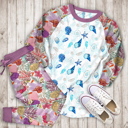 Coral Coastal Pajama Set | Pajamas | Cotton Sleepwear Sets | Soft Long Sleeve Pjs | Raglan Shirt and Pants Set