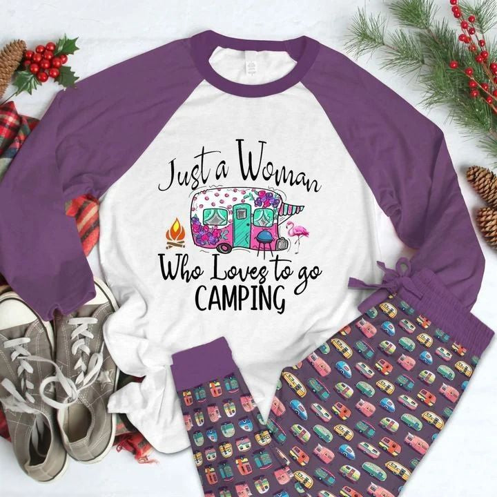Camping A Woman Pajama Set |Sleepwear Pjs Sets | Raglan Shirt Pants Set