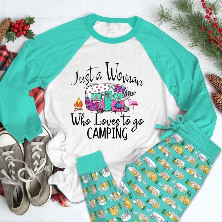 Camping A Woman Pajama Set |Sleepwear Pjs Sets | Raglan Shirt Pants Set