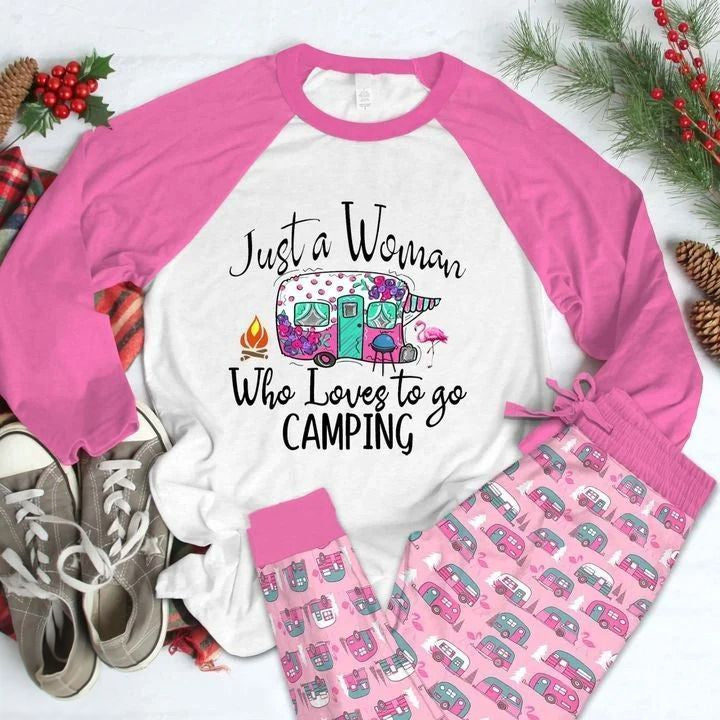 Camping A Woman Pajama Set |Sleepwear Pjs Sets | Raglan Shirt Pants Set