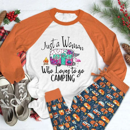 Camping A Woman Pajama Set |Sleepwear Pjs Sets | Raglan Shirt Pants Set