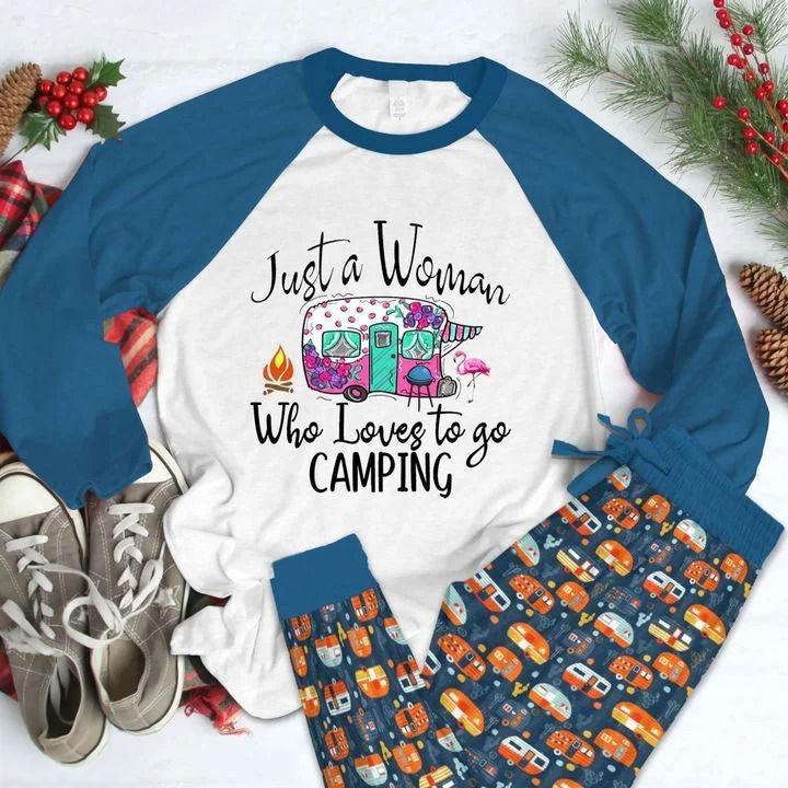 Camping A Woman Pajama Set |Sleepwear Pjs Sets | Raglan Shirt Pants Set