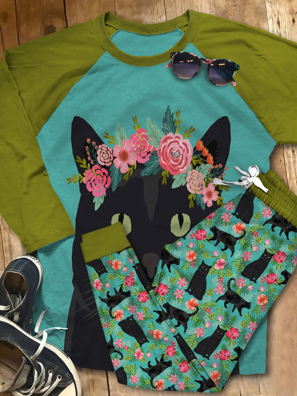 Cat Black Cat And Flower Aar Pajama Set |Sleepwear Pjs Sets | Raglan Shirt Pants Set