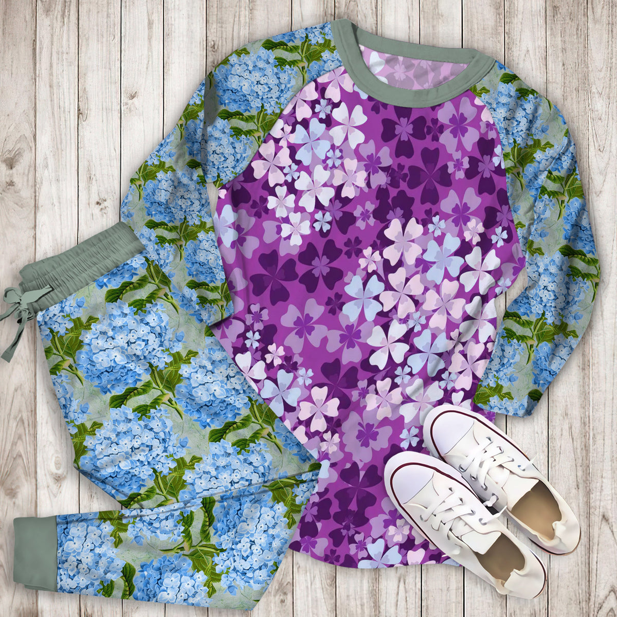 Purple Hydrangea Pajama Set | Pajamas | Cotton Sleepwear Sets | Soft Long Sleeve Pjs | Raglan Shirt and Pants Set