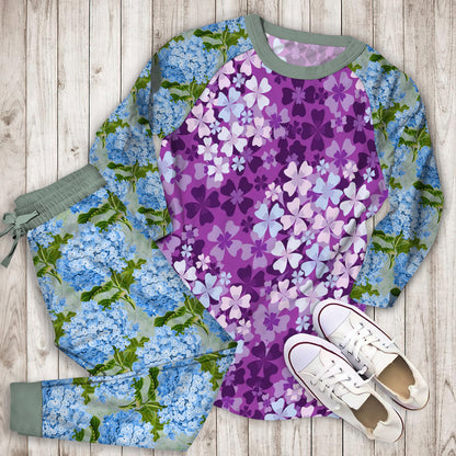 Purple Hydrangea Pajama Set | Pajamas | Cotton Sleepwear Sets | Soft Long Sleeve Pjs | Raglan Shirt and Pants Set