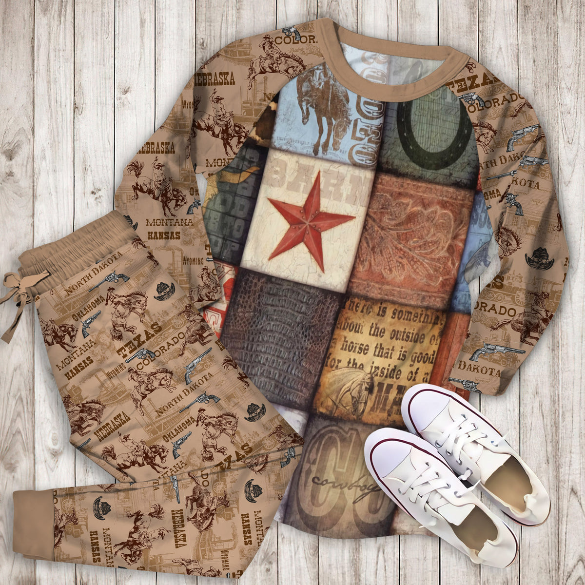Cowboy Pajama Set | Pajamas | Cotton Sleepwear Sets | Soft Long Sleeve Pjs | Raglan Shirt and Pants Set
