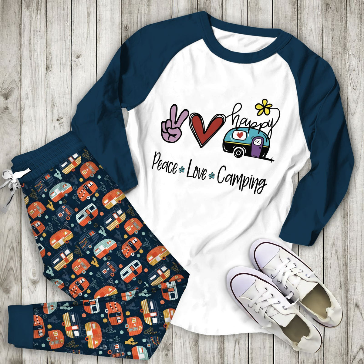 Camping Camper Pattern Aae Pajama Set |Sleepwear Pjs Sets | Raglan Shirt Pants Set