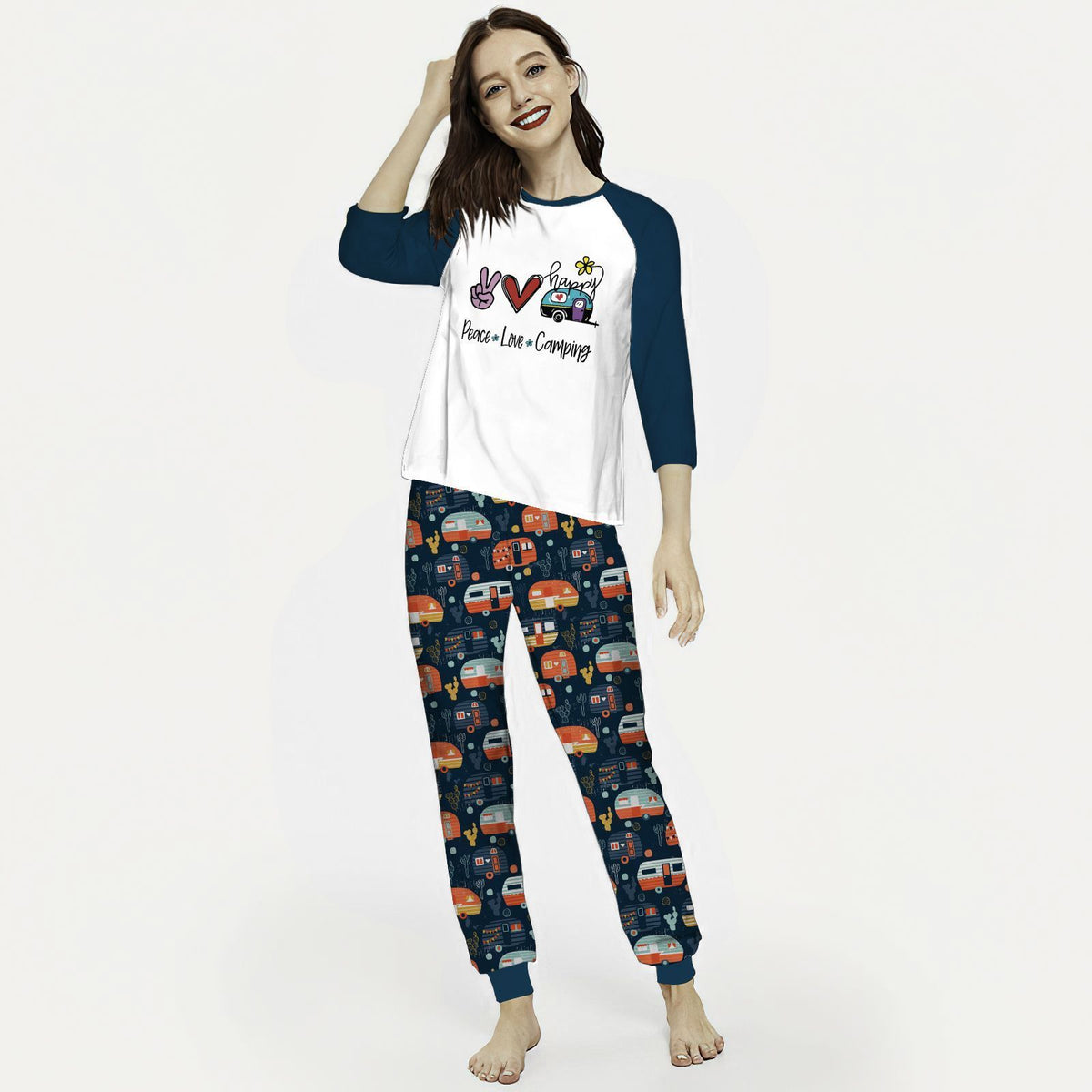Camping Camper Pattern Aae Pajama Set |Sleepwear Pjs Sets | Raglan Shirt Pants Set