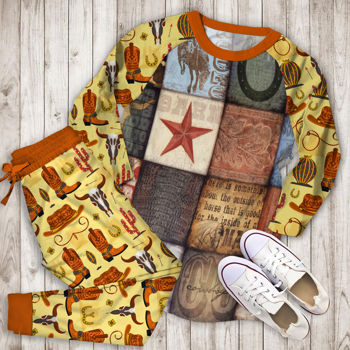 Cowboy Pajama Set | Pajamas | Cotton Sleepwear Sets | Soft Long Sleeve Pjs | Raglan Shirt and Pants Set