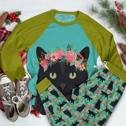 Cat Black Cat And Flower Aar Pajama Set |Sleepwear Pjs Sets | Raglan Shirt Pants Set