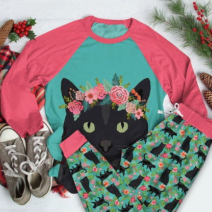 Cat Black Cat And Flower Aar Pajama Set |Sleepwear Pjs Sets | Raglan Shirt Pants Set