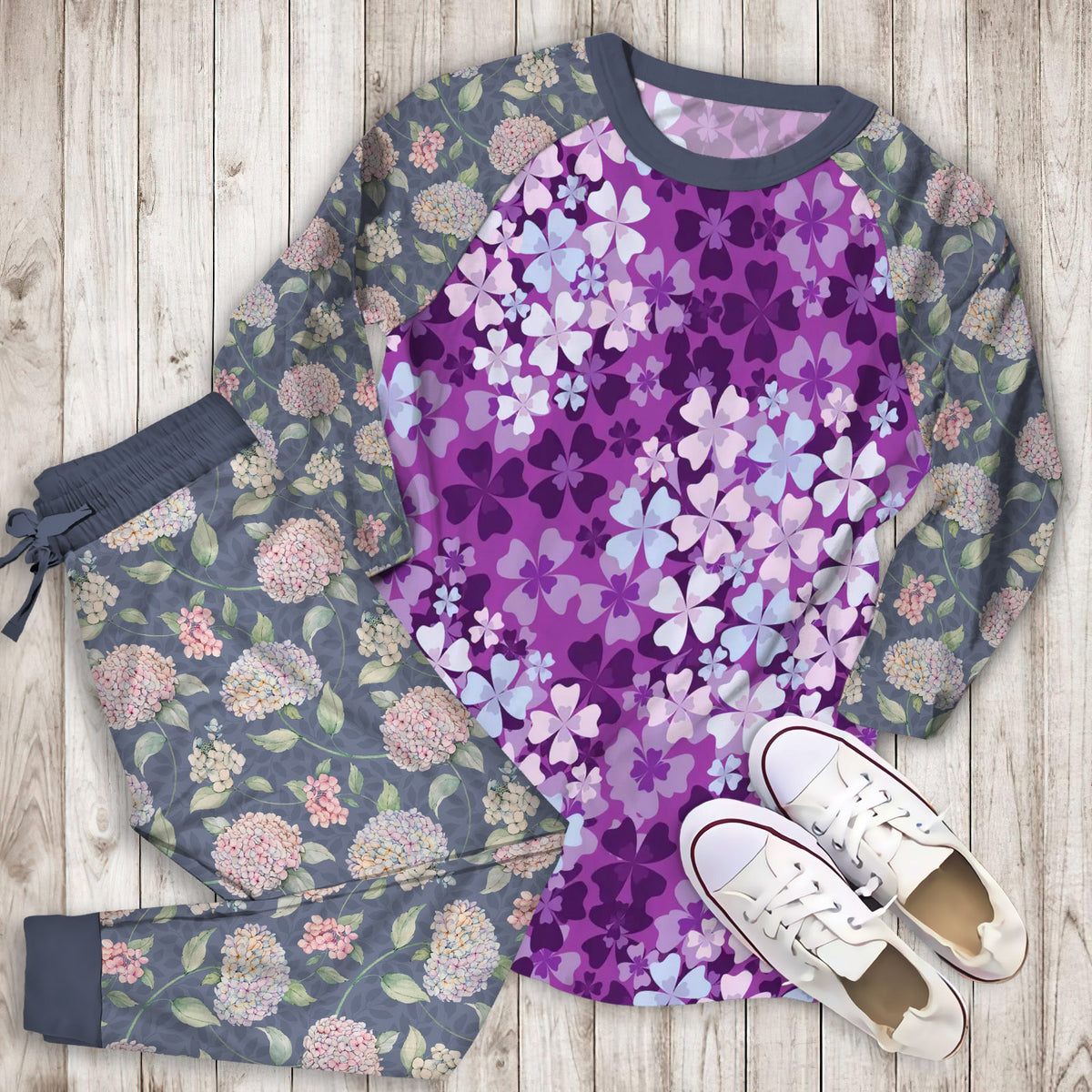 Purple Hydrangea Pajama Set | Pajamas | Cotton Sleepwear Sets | Soft Long Sleeve Pjs | Raglan Shirt and Pants Set