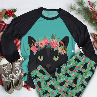 Cat Black Cat And Flower Aar Pajama Set |Sleepwear Pjs Sets | Raglan Shirt Pants Set