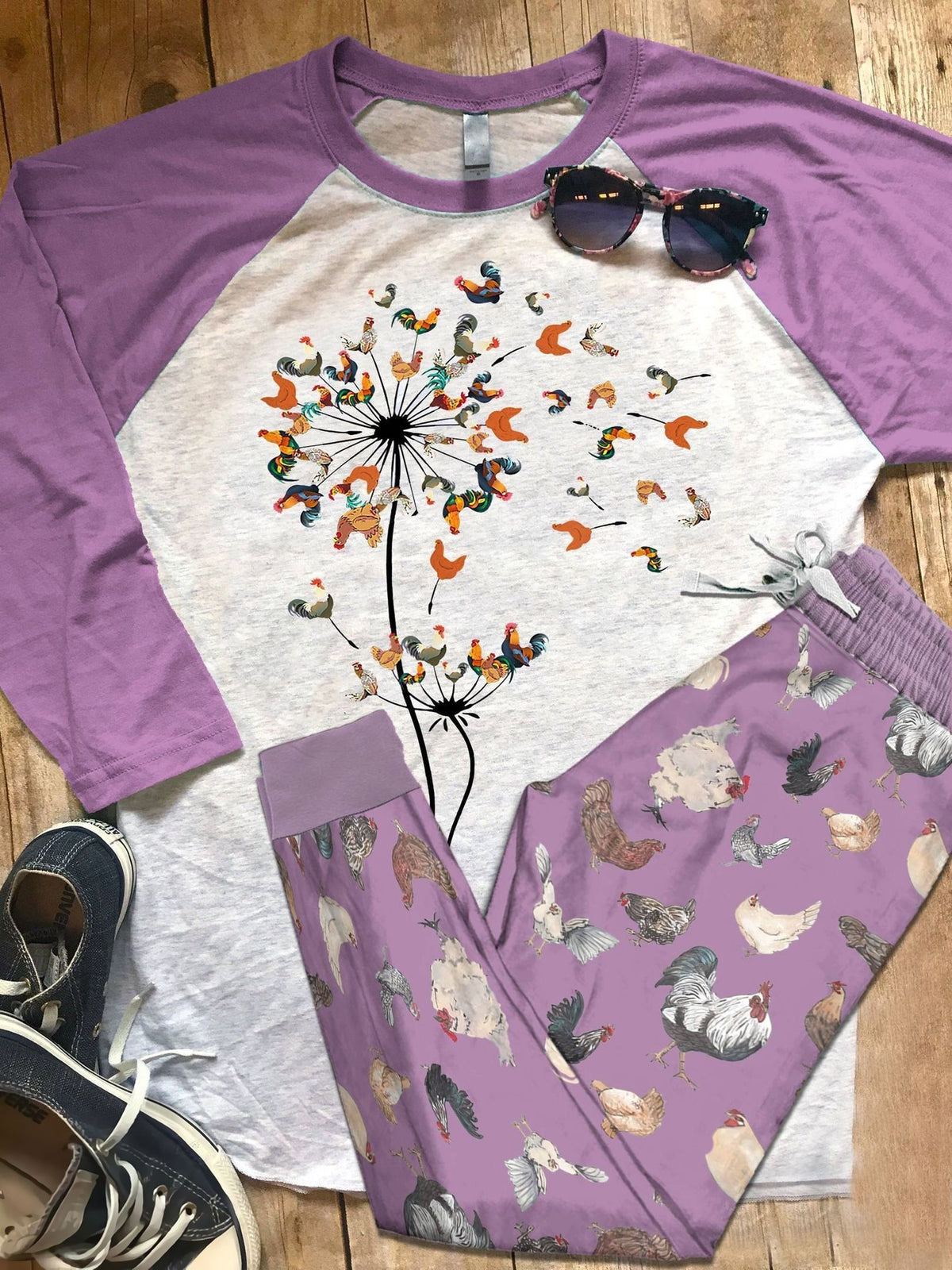 Chicken Chicken Flowers Aci Pajama Set |Sleepwear Pjs Sets | Raglan Shirt Pants Set