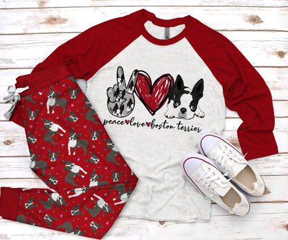 Boston Terrier Peace Red High Quality Mmq Pajama Set |Sleepwear Pjs Sets | Raglan Shirt Pants Set