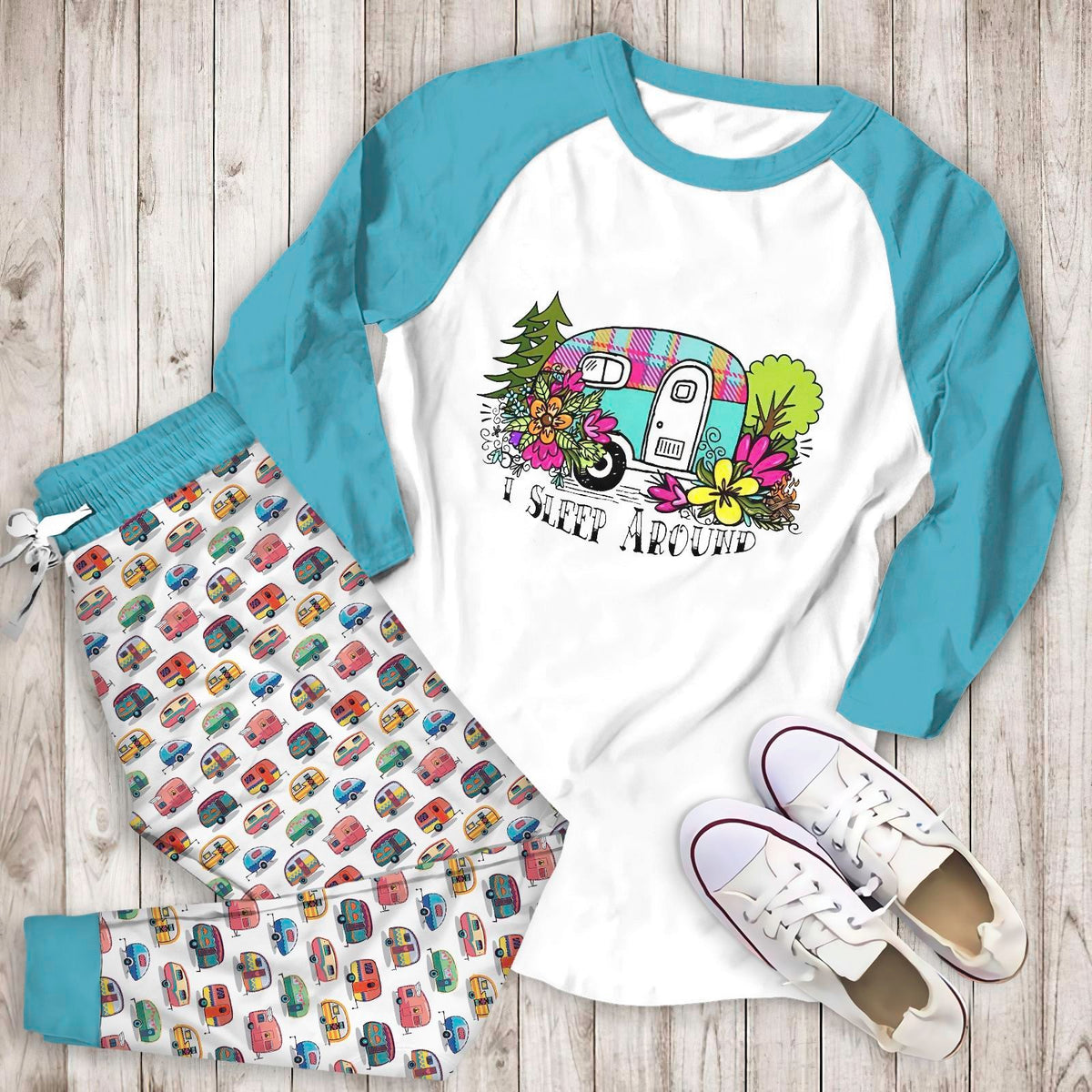 Camping Sleep Around Aac Pajama Set |Sleepwear Pjs Sets | Raglan Shirt Pants Set