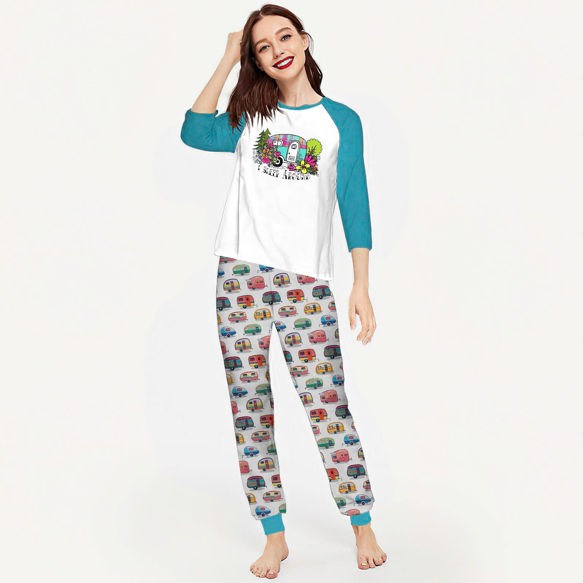 Camping Sleep Around Aac Pajama Set |Sleepwear Pjs Sets | Raglan Shirt Pants Set