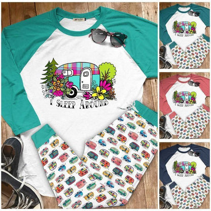 Camping Sleep Around Aac Pajama Set |Sleepwear Pjs Sets | Raglan Shirt Pants Set