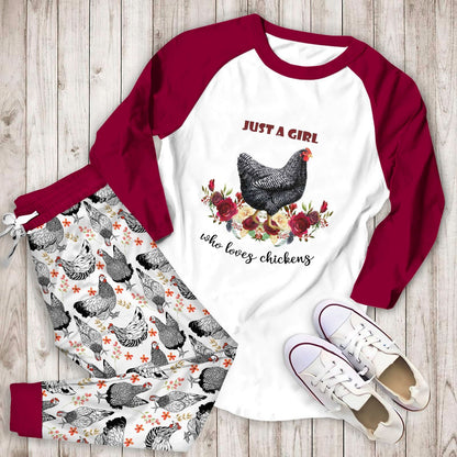 Chicken A Girl Loves Chickens Aan Pajama Set |Sleepwear Pjs Sets | Raglan Shirt Pants Set