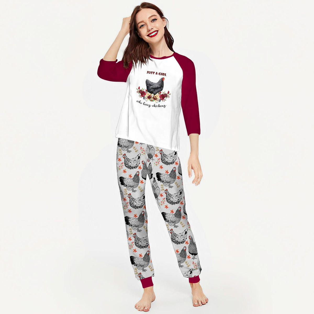 Chicken A Girl Loves Chickens Aan Pajama Set |Sleepwear Pjs Sets | Raglan Shirt Pants Set