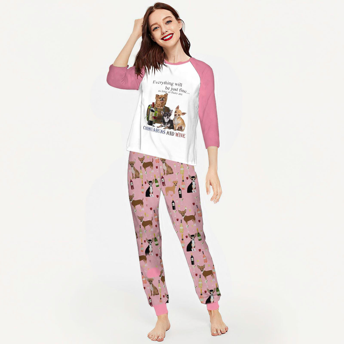 Chihuahua Chihuahua And Wine Aat Pajama Set |Sleepwear Pjs Sets | Raglan Shirt Pants Set