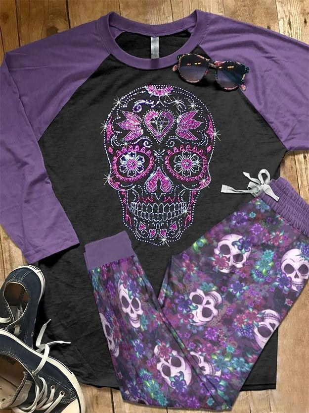Skull Purple Acz Pajama Set |Sleepwear Pjs Sets | Raglan Shirt Pants Set