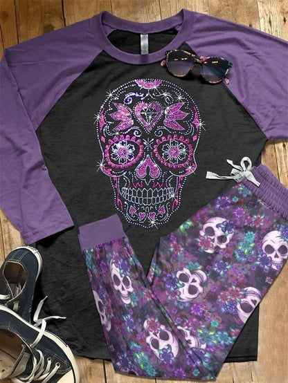 Skull Purple Acz Pajama Set |Sleepwear Pjs Sets | Raglan Shirt Pants Set