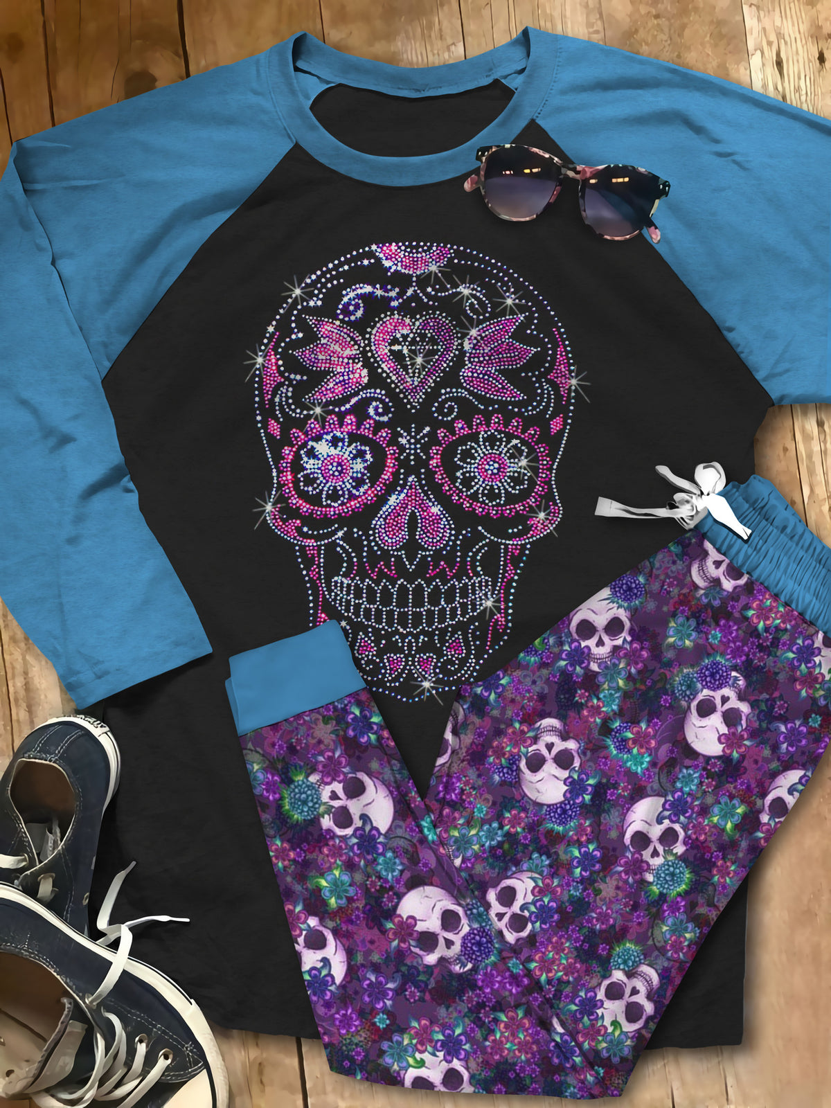 Skull Purple Acz Pajama Set |Sleepwear Pjs Sets | Raglan Shirt Pants Set
