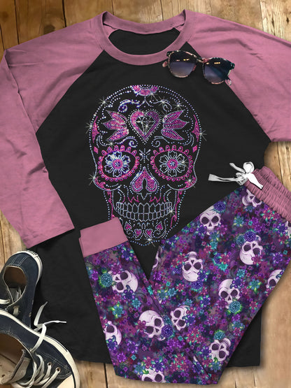 Skull Purple Acz Pajama Set |Sleepwear Pjs Sets | Raglan Shirt Pants Set