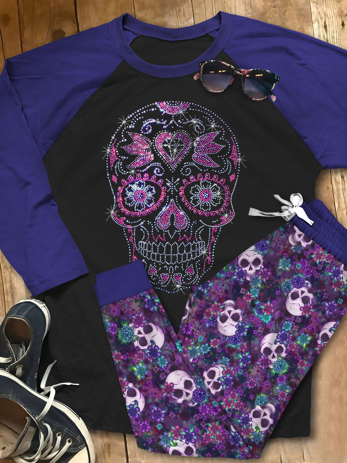 Skull Purple Acz Pajama Set |Sleepwear Pjs Sets | Raglan Shirt Pants Set