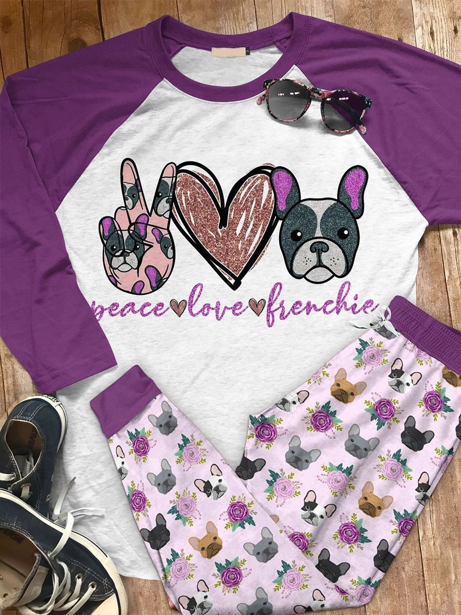 French Bulldog Peace Love Frenchie Aaz Pajama Set |Sleepwear Pjs Sets | Raglan Shirt Pants Set