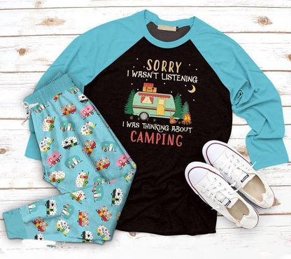 Camping Thinking About Camping Khanh Aas Pajama Set |Sleepwear Pjs Sets | Raglan Shirt Pants Set