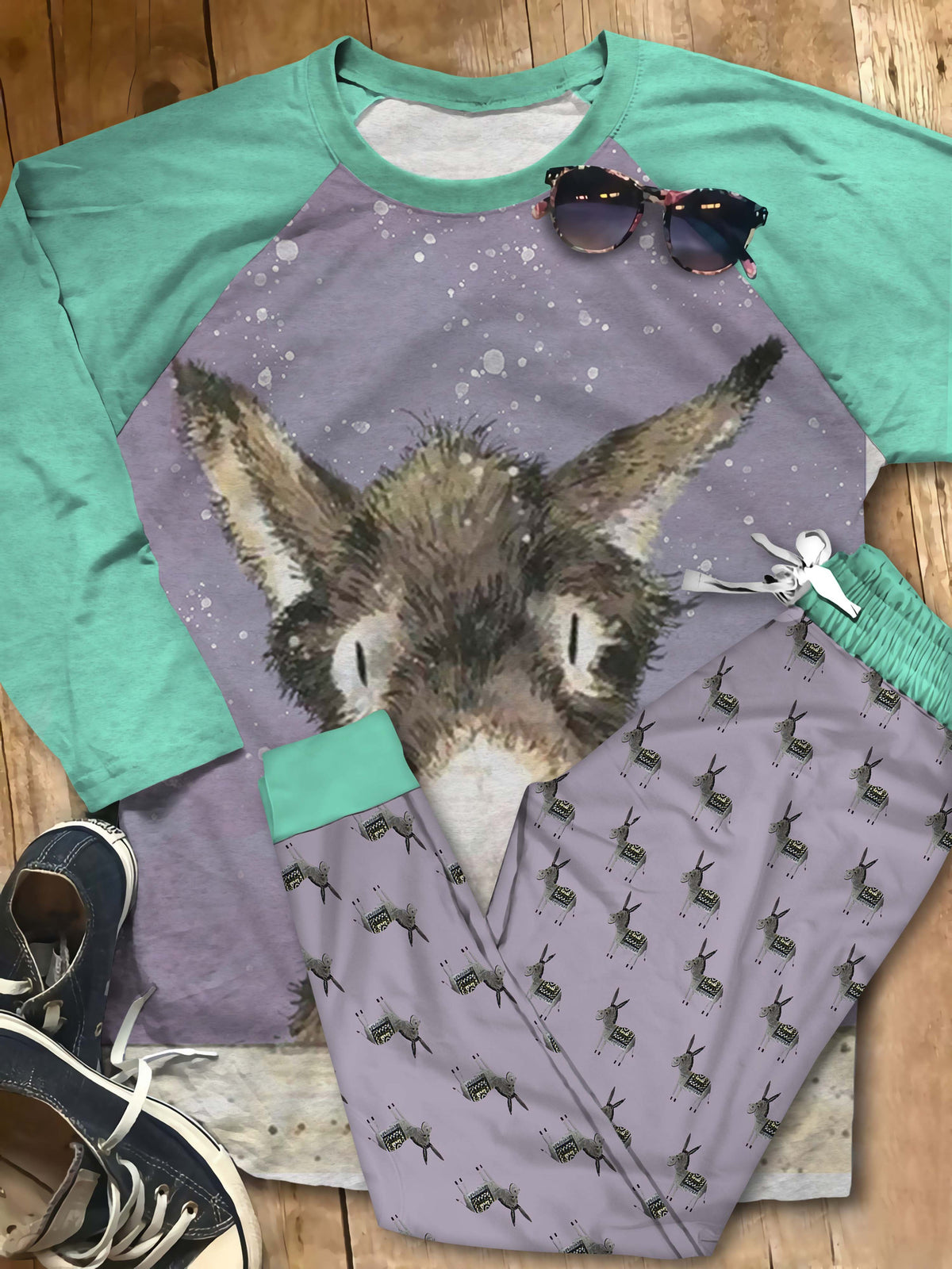 Donkey Thinking Out Loud Aba Pajama Set |Sleepwear Pjs Sets | Raglan Shirt Pants Set