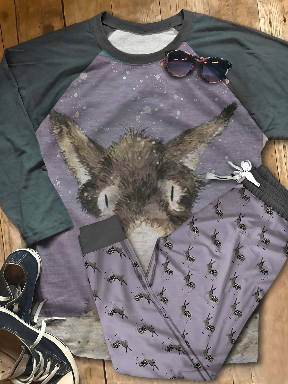 Donkey Thinking Out Loud Aba Pajama Set |Sleepwear Pjs Sets | Raglan Shirt Pants Set