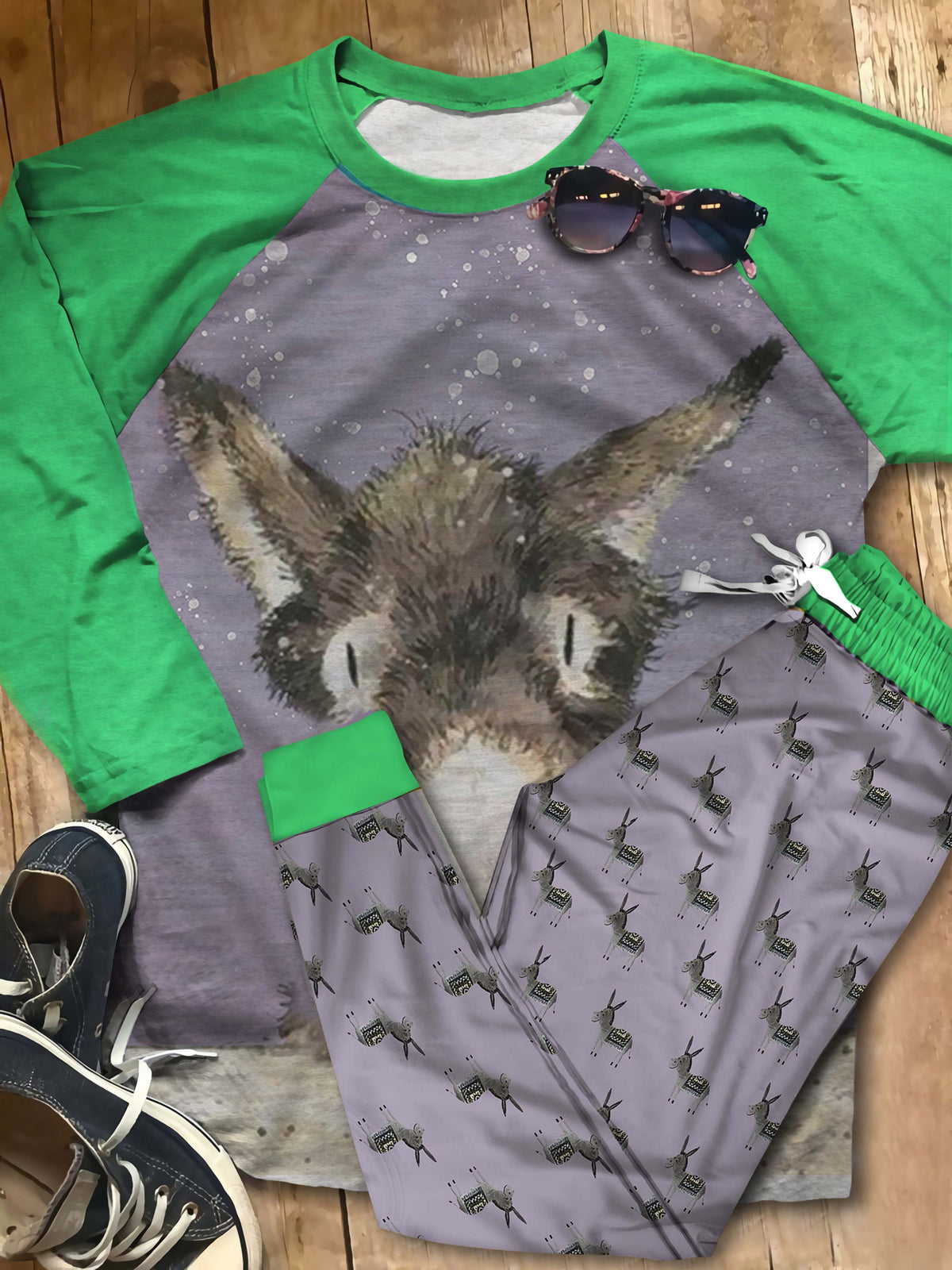 Donkey Thinking Out Loud Aba Pajama Set |Sleepwear Pjs Sets | Raglan Shirt Pants Set