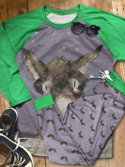 Donkey Thinking Out Loud Aba Pajama Set |Sleepwear Pjs Sets | Raglan Shirt Pants Set