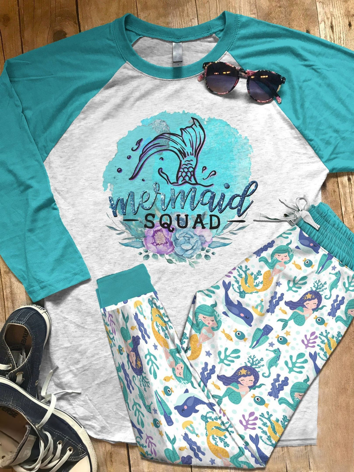 Mermaid Mermaid Squad Acs Pajama Set |Sleepwear Pjs Sets | Raglan Shirt Pants Set