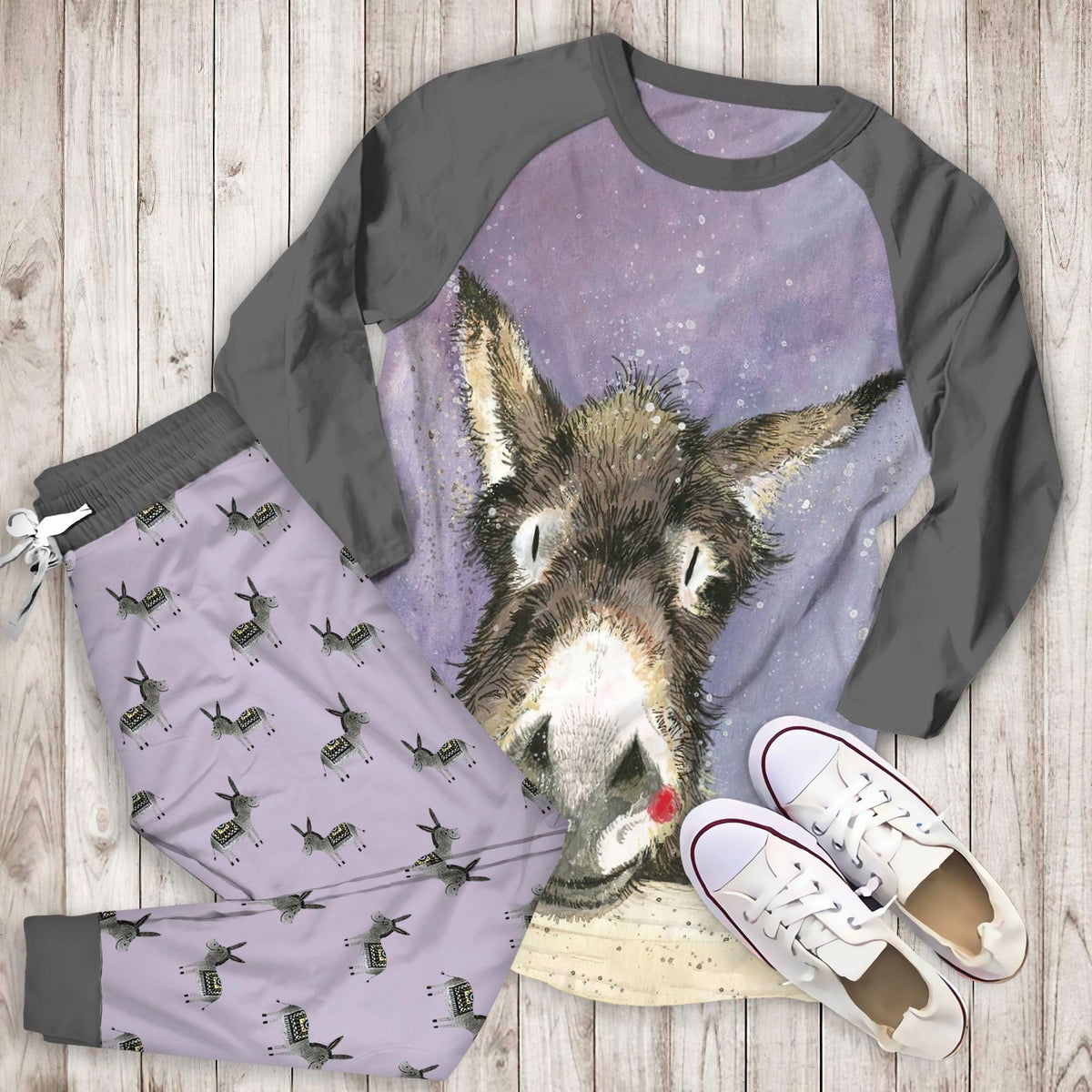 Donkey Thinking Out Loud Aba Pajama Set |Sleepwear Pjs Sets | Raglan Shirt Pants Set