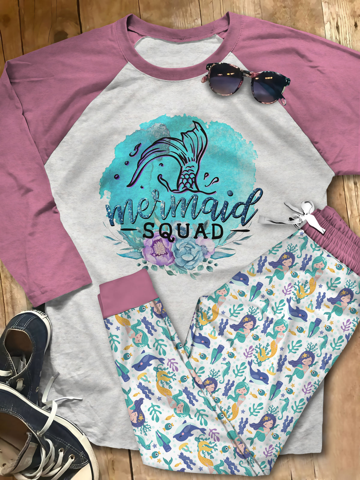 Mermaid Mermaid Squad Acs Pajama Set |Sleepwear Pjs Sets | Raglan Shirt Pants Set