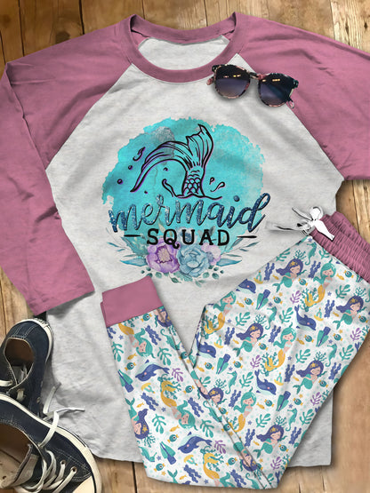 Mermaid Mermaid Squad Acs Pajama Set |Sleepwear Pjs Sets | Raglan Shirt Pants Set