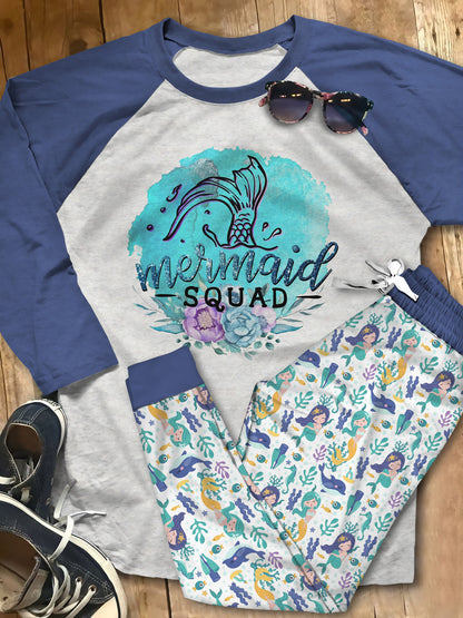 Mermaid Mermaid Squad Acs Pajama Set |Sleepwear Pjs Sets | Raglan Shirt Pants Set