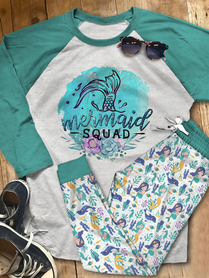 Mermaid Mermaid Squad Acs Pajama Set |Sleepwear Pjs Sets | Raglan Shirt Pants Set
