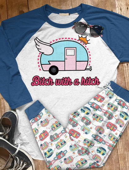 Camping Bitch With A Hitch Aaf Pajama Set |Sleepwear Pjs Sets | Raglan Shirt Pants Set