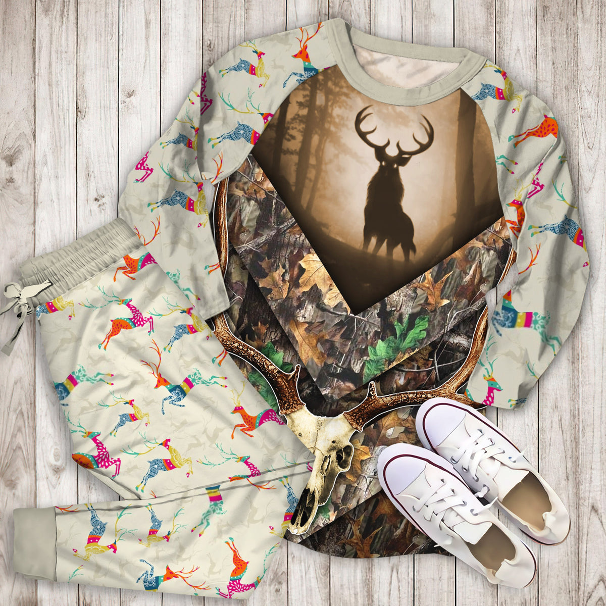 Deer Hunting Pajama Set | Pajamas | Cotton Sleepwear Sets | Soft Long Sleeve Pjs | Raglan Shirt and Pants Set