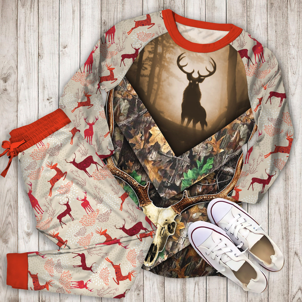 Deer Hunting Pajama Set | Pajamas | Cotton Sleepwear Sets | Soft Long Sleeve Pjs | Raglan Shirt and Pants Set